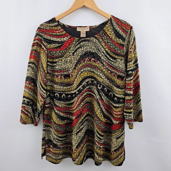 Notations Textured Top 2X Black Red Yellow 3/4 Sleeve Earthy Artsy Stretch Fall - Picture 9 of 9